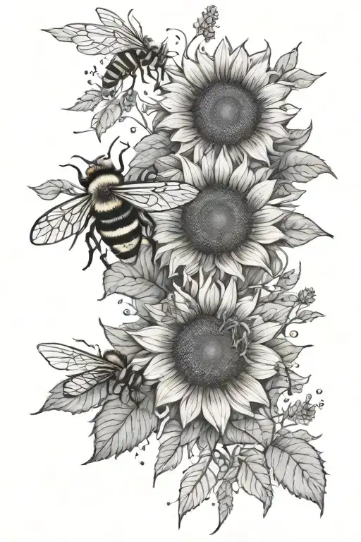 sunflowers bees honeycomb sleeve with light shading tattoo design idea