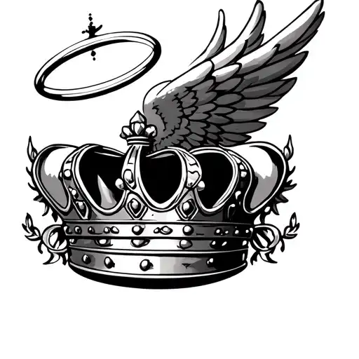 a crown in the center with angel wings outside of it with a Halo above the crown more for a woman wisely tattoo design idea