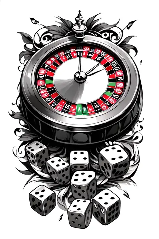 roulette wheel with dice and clock embedded tattoo design idea