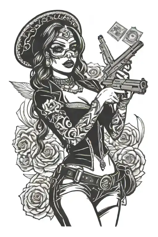 sexy Mexican gangster female with guns money drugs tattoo design idea