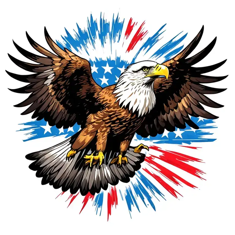 Bald Eagle coming in for a landing with wings spread. The feathers on the wings are the colors of the american flag. tattoo design idea