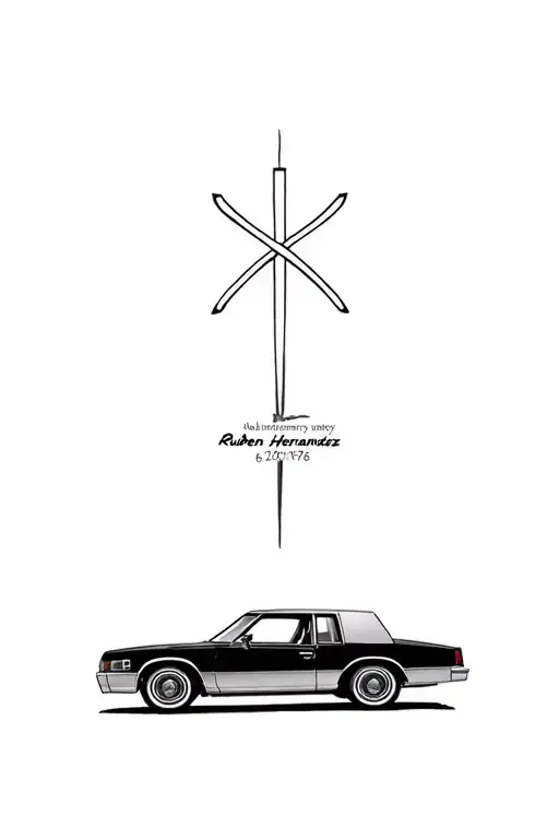 1976 buick lesabre with a cross behind it in memory of Ruben Hernández 06/20/76-10/04/23  tattoo design idea