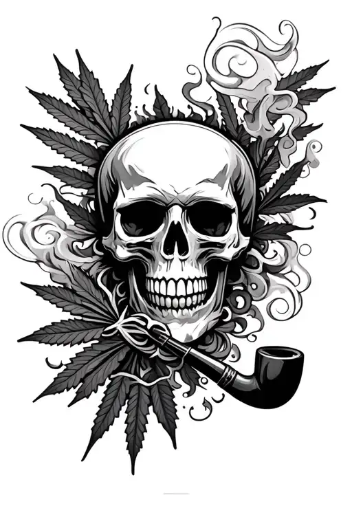 A skull smoking a ceremonial pipe, surrounded by swirling smoke and weed tattoo design idea