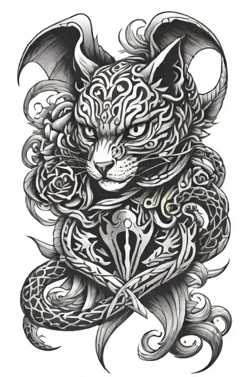 phoenix, cat eyes, snake, skull, sword, claws, heart and brain tattoo design idea