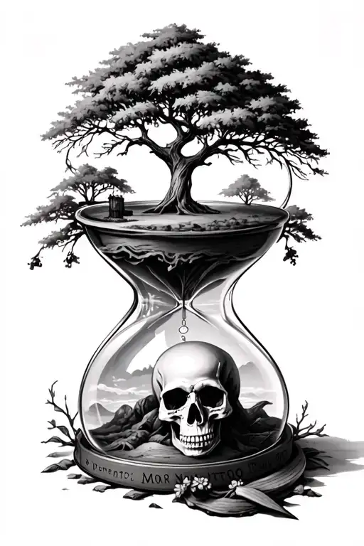 hourglass with trees on the top inside the hourglass and a skull on the bottom inside the hourglass with memento mori tattoo design idea