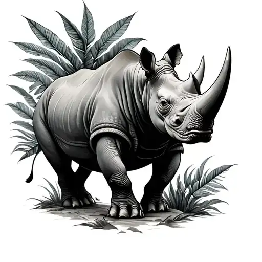 A full-length rhinoceros on the side, calm in the leaves tattoo design idea