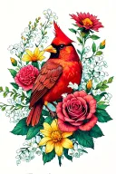  cardinal, roses, carnation, primrose, aster, daffodill, marigold and lilly of the valley with a little darknes tattoo design idea