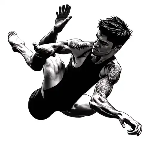 elite trampoline gymnast performing a skill realisticly and a man tattoo design idea