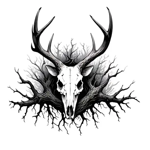 single tree root intertwined in elk skull tattoo design idea