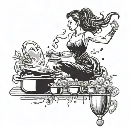 A tattoo design featuring a graceful dancer surrounded by culinary elements like pots, pans, and utensils, symbolizing your love for both dance and cooking tattoo design idea