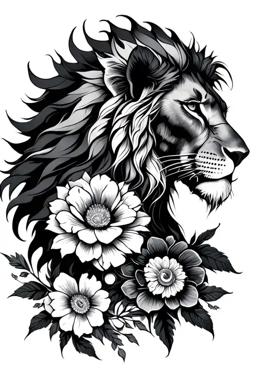 Blackwork tattoo on the back with flowers, majestic lion head to head with female knight tattoo design idea