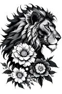 Blackwork tattoo on the back with flowers, majestic lion head to head with female knight tattoo design idea