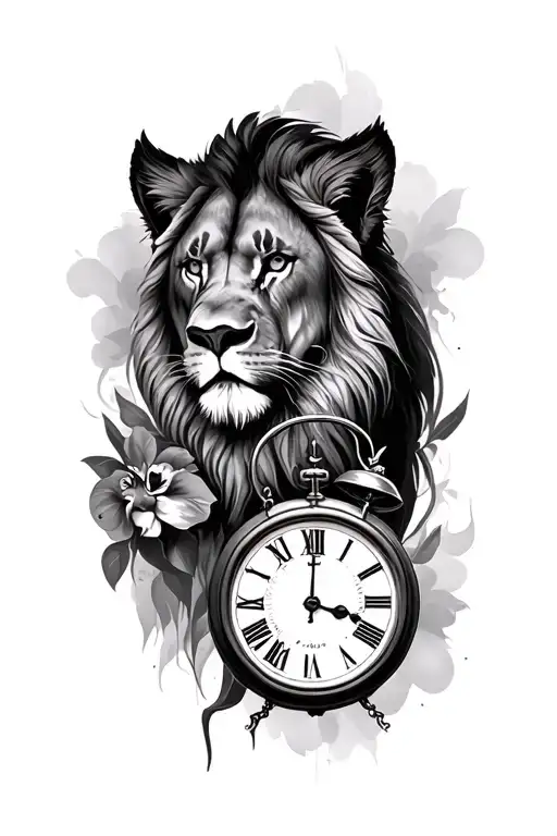 Brujula with clock and leon tattoo design idea