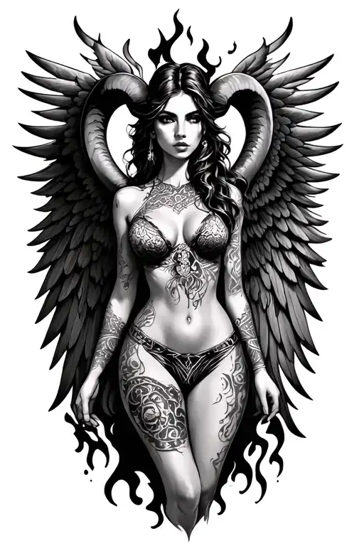 aries zodiac sign sexy woman wings surrounded by fire tattoo design idea