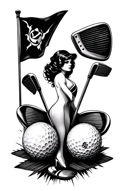 golf clubs flag and ball surrounded stylus femme fatale surrounded tattoo design idea