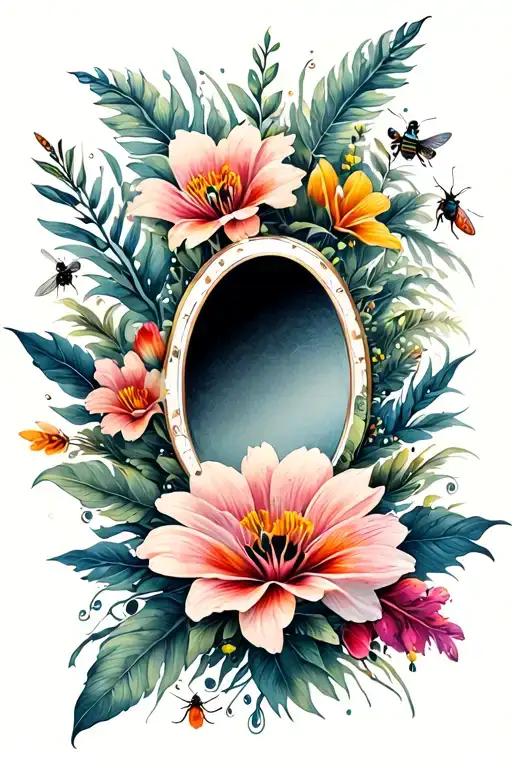 fantasy tattoo of exotic flowers, plants and insects, with an empty oval center, tattoo design idea