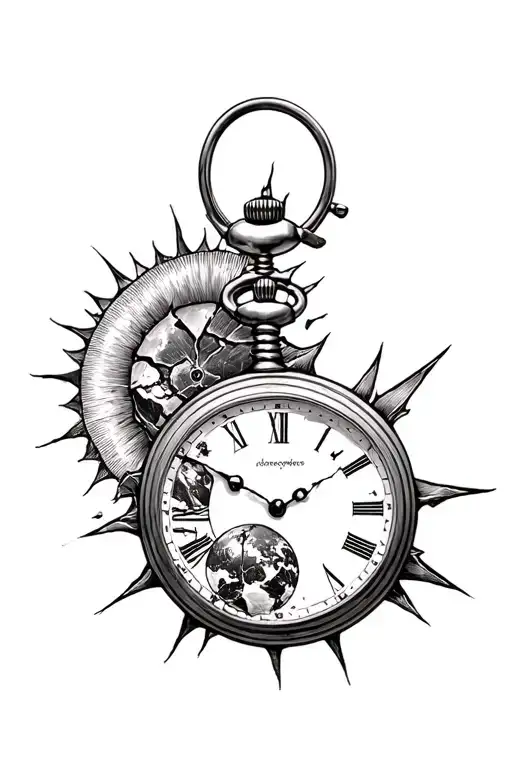 broken pocket watch torn apart sun earth tattoo design idea
