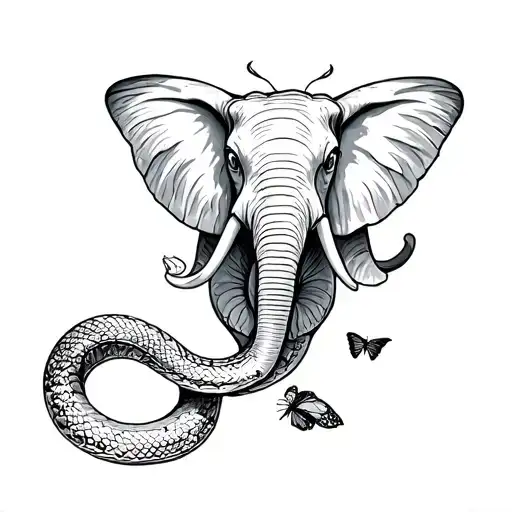 A snake, an elefant, and a butterfly as a siblings matching tattoo tattoo design idea