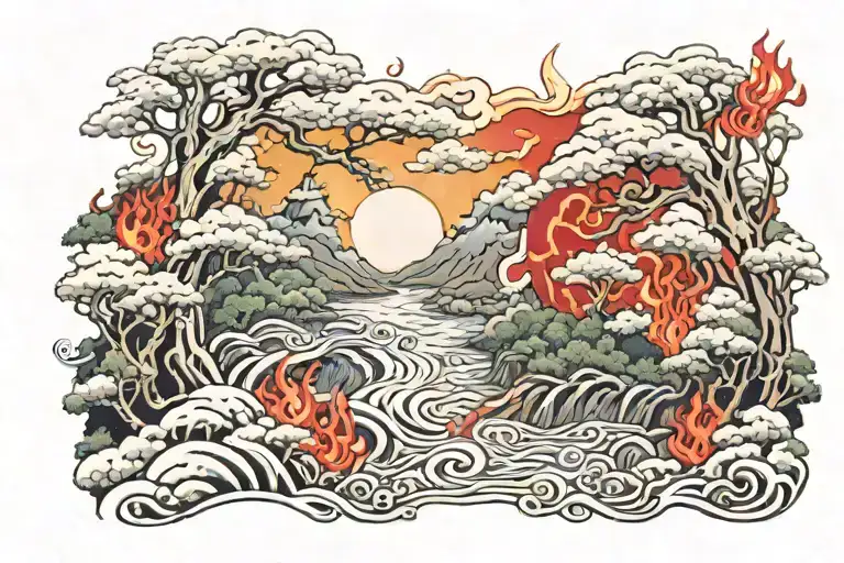 Japanese forest river covered in amaterasu flames on the night of the Sharingan moon tattoo design idea