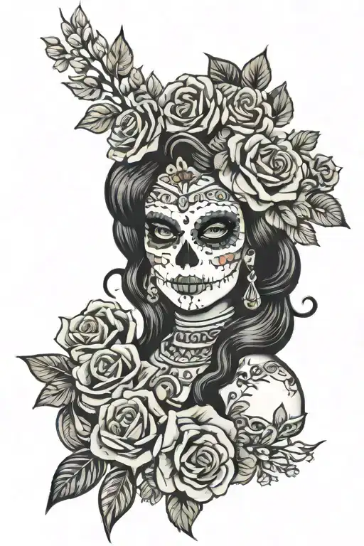 catrina holding a bouquet tattoo design idea