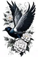red wing black bird with hydrangea and lotus flower with vines  tattoo design idea