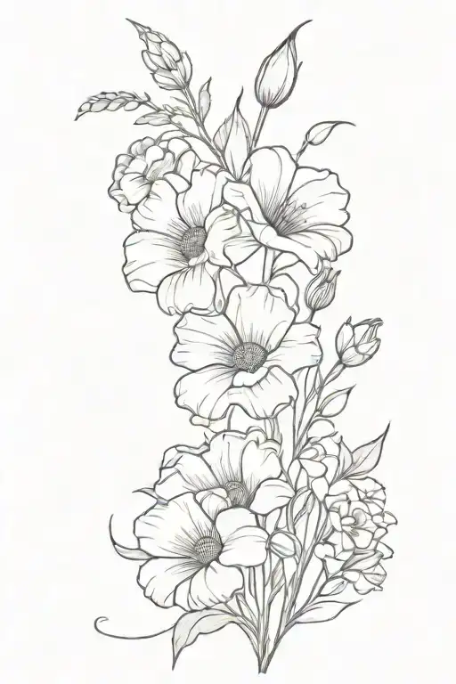  small bouquet of flowers including Daisies, sweet peas, gladiolus', poppies.  tattoo design idea