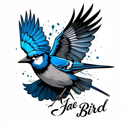 "Jae Bird" blue jay bird flying towards tattoo design idea