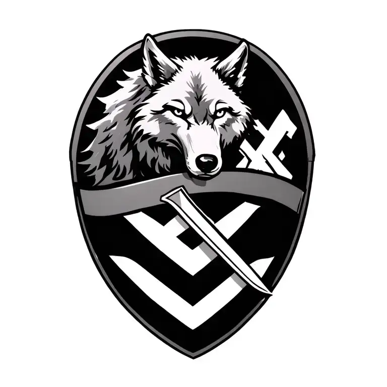 wolf behind a family crest featuring a chevron pointing up and a sword and shield  tattoo design idea