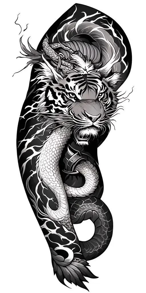 Traditional Japanese arm sleeve, black, grey, and white. Include samurai, dragons, snakes and tigers, and lightning tattoo design idea
