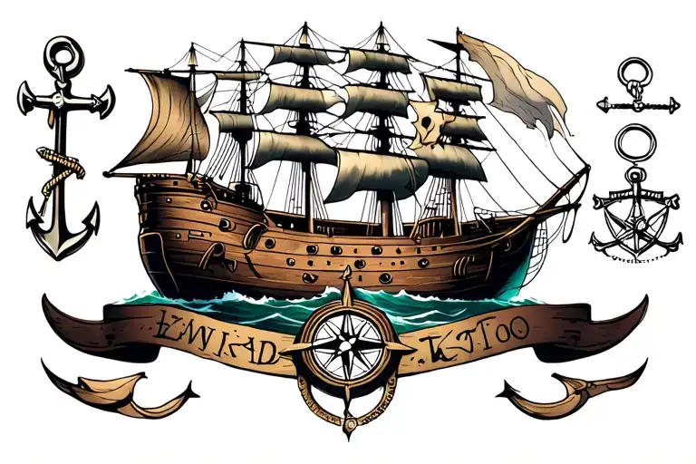 pirate ship, anchor, compass, tattoo design idea