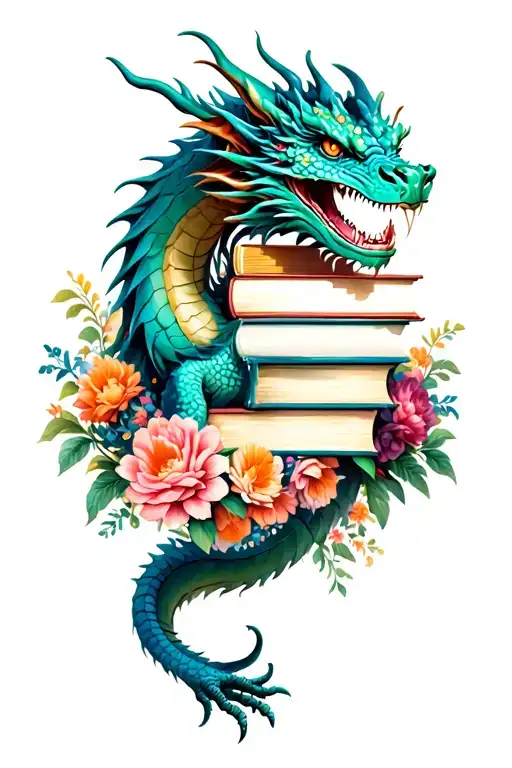 dragon with books surrounded by florals tattoo design idea