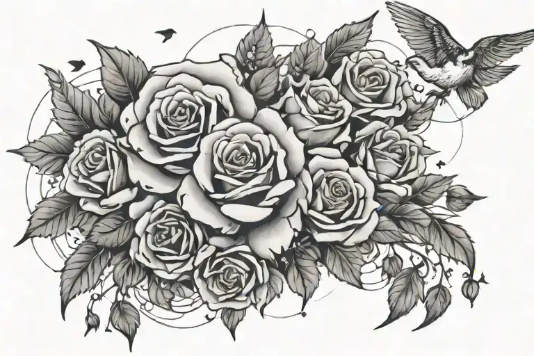 roses clouds surrounding stars and birds tattoo design idea