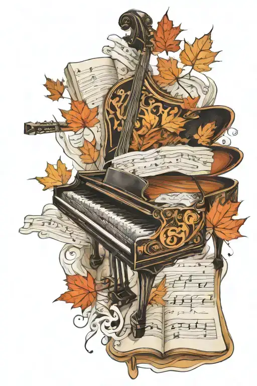 piano, guitar, drums, sheet music, maple leaf tattoo design idea