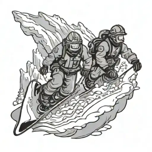 A firefighter heroically rescuing a snowboarder trapped in an avalanche during an offroading adventure tattoo design idea