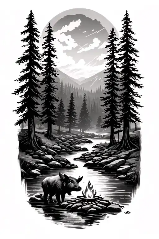 Black Forest with stream, campfire and wild boar in the background next to the stream tattoo design idea