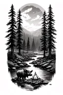 Black Forest with stream, campfire and wild boar in the background next to the stream tattoo design idea