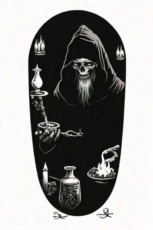 Hodded alchemist performing ritual, tarot cards, beakers, candles tattoo design idea