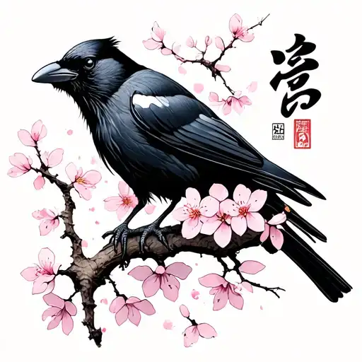 adult Crow and adolescent crow Japanese cherry blossom and Japanese character for family tattoo design idea