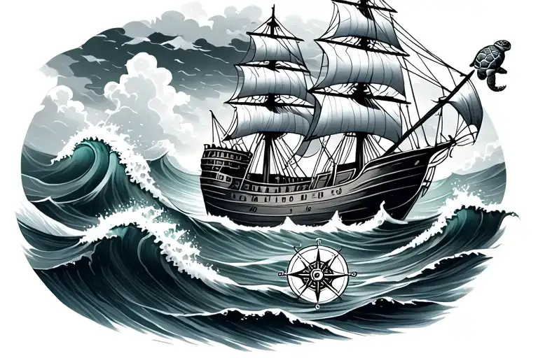 ship sailing through a sea waves in storm with sea turtle and compass  tattoo design idea