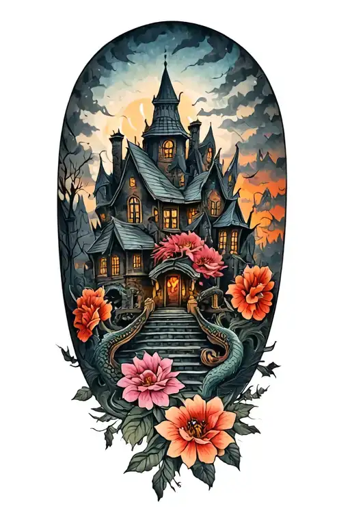 upper arm sleeve tattoo of a dark haunted house/town that fades at the bottom. feature flowers and dragons or other imal tattoo design idea