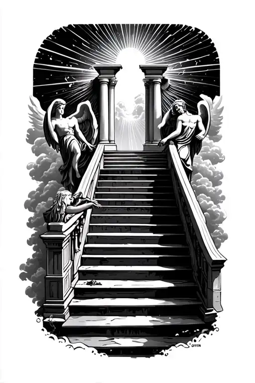 stairway to heaven walking up stairs angels sun rays clouds heaven gate at the top of the stairs  tattoo design idea
