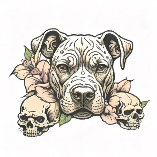 black pit bull puppy habiscus and skulls  tattoo design idea