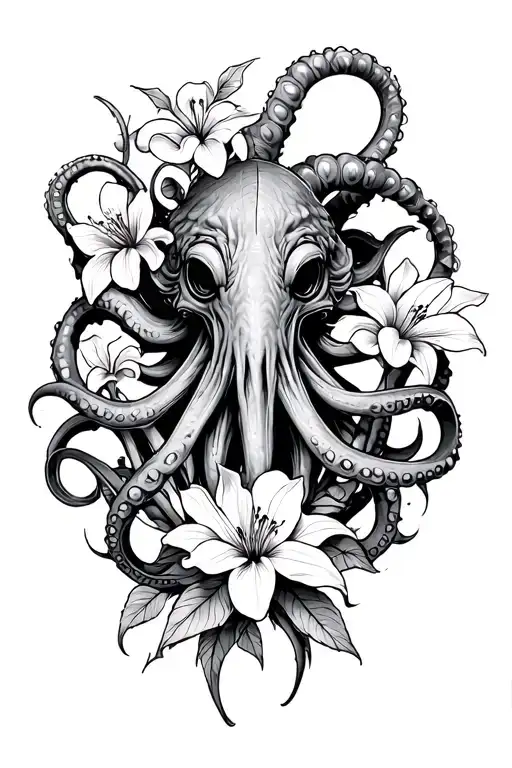 Terrifying small-headed Cthulhu, long aggressive tentacles with magnolia & lily, half-sleeve shoulder to mid-arm tattoo design idea