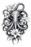 Terrifying small-headed Cthulhu, long aggressive tentacles with magnolia & lily, half-sleeve shoulder to mid-arm tattoo design idea