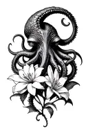 Terrifying small-headed Cthulhu, long aggressive tentacles with magnolia & lily, half-sleeve shoulder to mid-arm tattoo design idea
