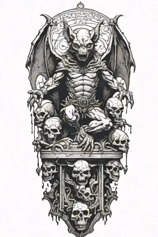 A bat gargoyle covered in blood. Standing on a pile of small skulls. Temple of Sharr influence, occultism tattoo design idea