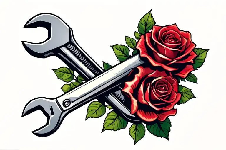 pipe wrench crossed bone rose holding it tattoo design idea