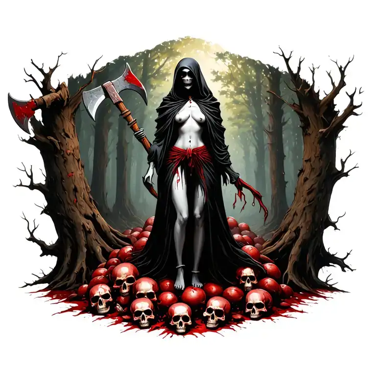 topless female grim reaper standing on a pile of bloody skulls in the woods holding a tomahawk and a severd head tattoo design idea