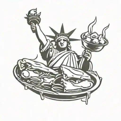 Statue of Liberty holding barber knife and meat pie from Sweeney todd tattoo design idea