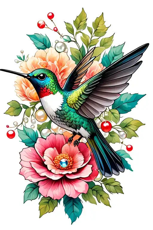 ornamental tattoo hummingbird jewels pearls berries flowers tattoo design idea
